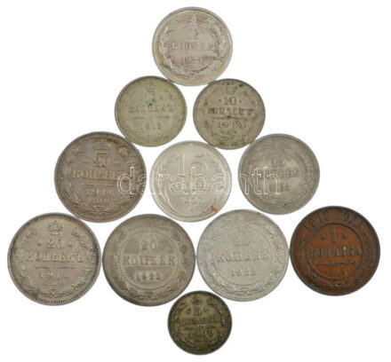 Orosz Birodalom / Szovjetunió 1909-1927. 5k Ag - 20k Ag (10x, sok klf) + 1913. 1k bronz T:2-3 Russian Empire / Soviet Union 1909-1927. 5 Kopek Ag - 20 Kopeks Ag (10x, lots of diff) + 1913. 1 Kopek bronze C:XF-F