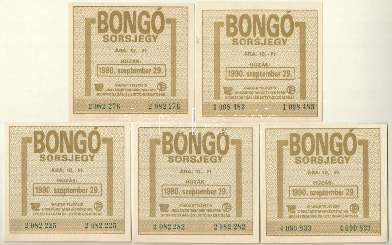 1990. 'Bongó' sorsjegy 10Ft értékben, szeptember 29-i húzás (5x) + DN 'Játékpénz' 100Ft + DN 1- és 5 Dolláros mintájára készült nyelviskolai szórólap (2xklf) + DN 1 'Szex' Dollár T:I-III az egyik ragasztva, firka - Image 3
