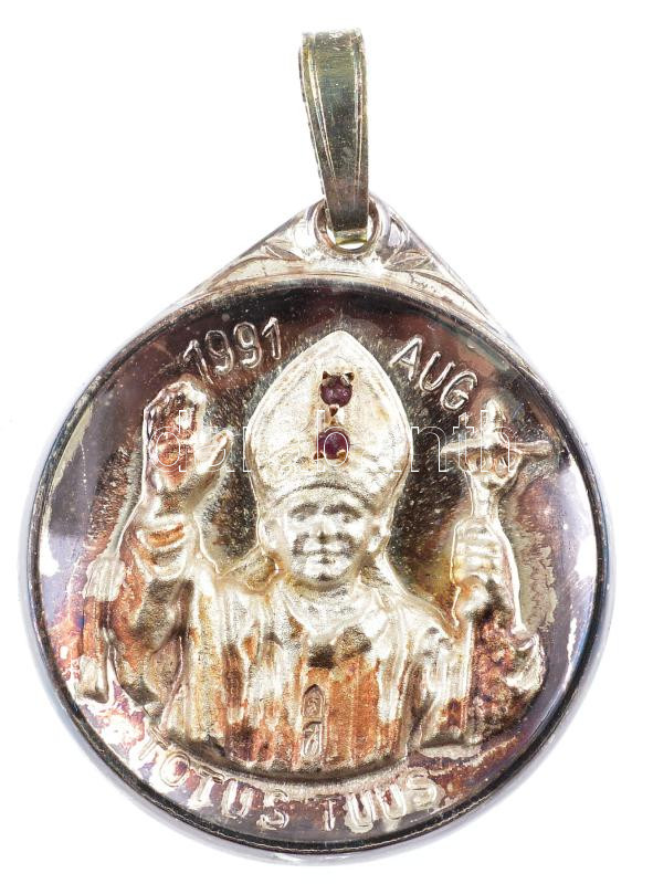 1991. 'II. János Pál pápa Magyarországon' kétoldalas Ag emlékérem füllel, előlapján 2db rubinnal díszítve, tanúsítvánnyal, eredeti díszkiadásban (0,999/~29mm) T:1- patina