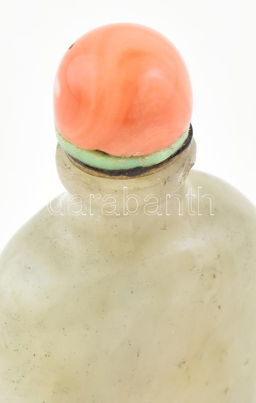 Kínai jáde tubákos szelence fém nyeles korall kupakkal, kis sérüléssel, m: 8 cm - Image 2