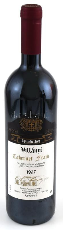 1997 Wunderlich Villányi Cabernet Franc, bontatlan palack száraz vörösbor, pincében szakszerűen tárolt, 13%, 0,75l.