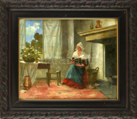 Tolnay Ákos (1861-1932): Olvasó hölgy. Olaj, vászon. Jelezve jobbra lent. Dekoratív, üvegezett fakeretben. 50x60 cm