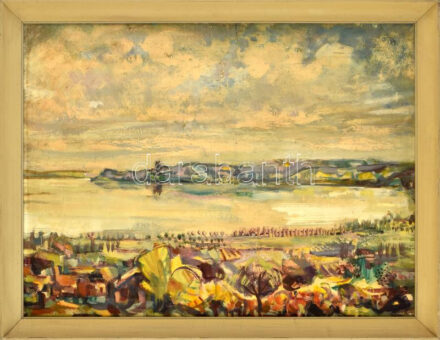 Székács Zoltán (1921-1983): Füredi öböl (Balaton), 1973. Olaj, farost. Jelezve jobbra lent. Hátoldalán Képcsarnok Vállalat címkéjével. Fakeretben. 60x80 cm