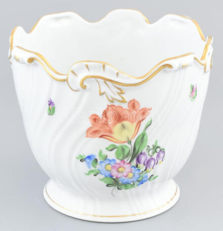 Herendi virág mintás, barokkos váza, jelzett, hibátlan, belül vízköves m:16cm, d: 18 cm
