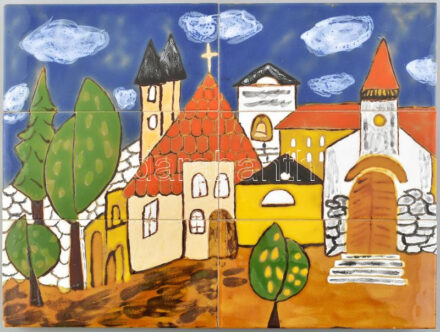 Jelzés nélkül: Kolostor. 6 részből álló kerámia falikép, fára applikálva, kis lepattanással, 30x40 cm