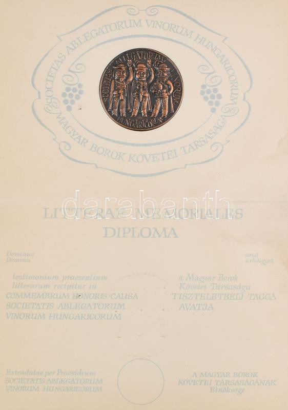 cca 1975 A Magyar Borok Követei Társaság kitöltetlen, fémplakettes diplomája