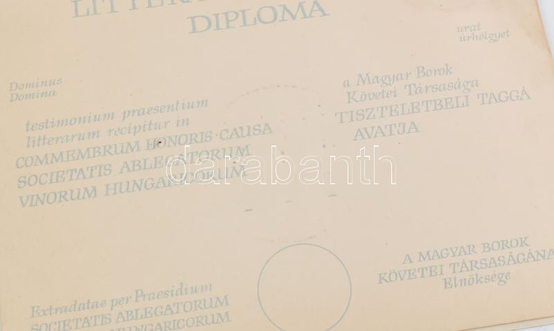 cca 1975 A Magyar Borok Követei Társaság kitöltetlen, fémplakettes diplomája - Image 3