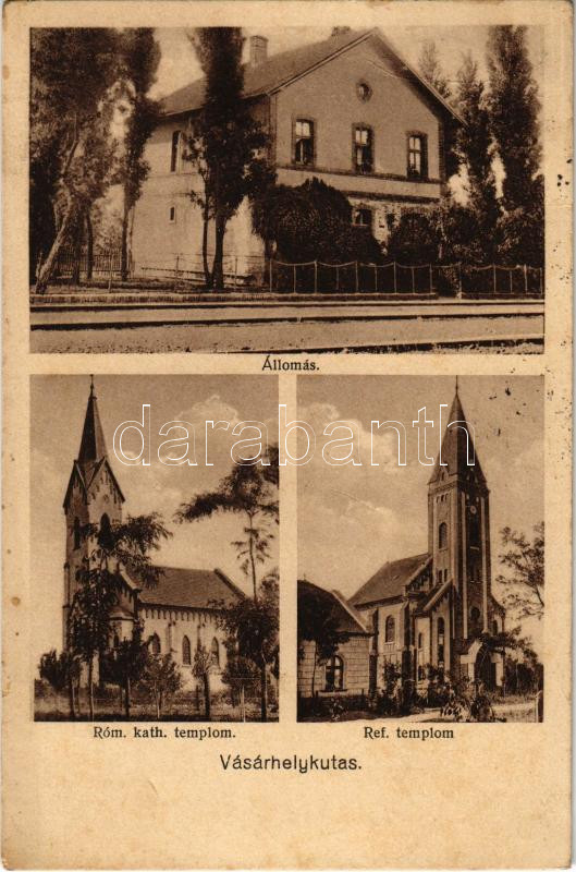 1932 Vásárhelykutas (Székkutas), Vasútállomás, Római katolikus és Református templom. Hangya szövetkezet kiadása