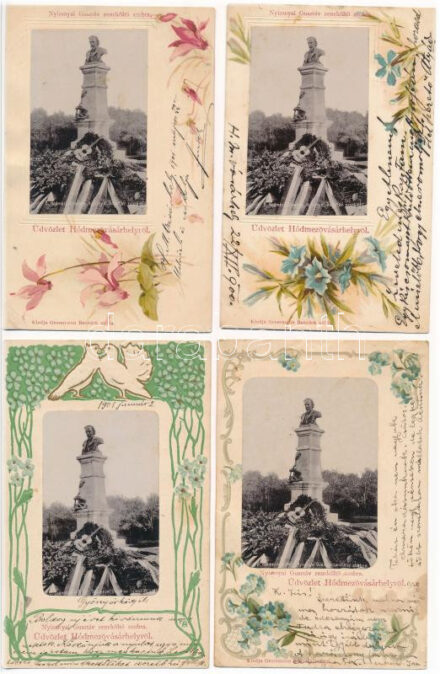 Hódmezővásárhely, Nyizsnyai Gusztáv zeneköltő szobor. Grossmann Benedek utóda kiadása - Szecessziós litho teljes képeslap sorozat 6 db képeslappal (egy dombornyomott is) - RITKA!