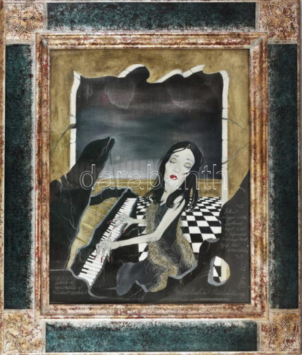 Szenténé Kálvai Mária (1939-): Milan Kundera - Halhatatlanság, 2001. Vegyes technika, papír, jelezve jobbra lent. Üvegezett, dekoratív fakeretben, 50×40 cm.