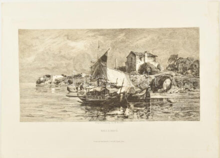 Wilhelm Woernle (1849-1916) metszése: Nazzorbo (vitorlások). Rézkarc, papír, jelzetta metszeten. 12,5x24 cm