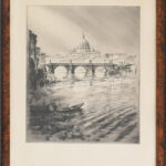 Olvashatatlan (halvány) jelzéssel: Ponte Sant'Angelo, Róma, háttérben a Szent Péter bazilika. Rézkarc, papír. 32x26 cm. Üvegezett fakeretben.