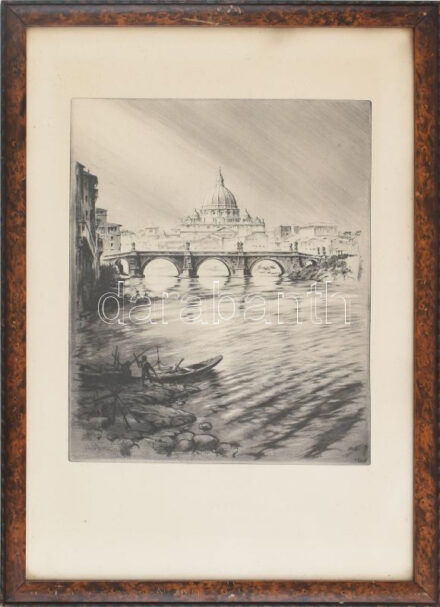 Olvashatatlan (halvány) jelzéssel: Ponte Sant'Angelo, Róma, háttérben a Szent Péter bazilika. Rézkarc, papír. 32x26 cm. Üvegezett fakeretben.