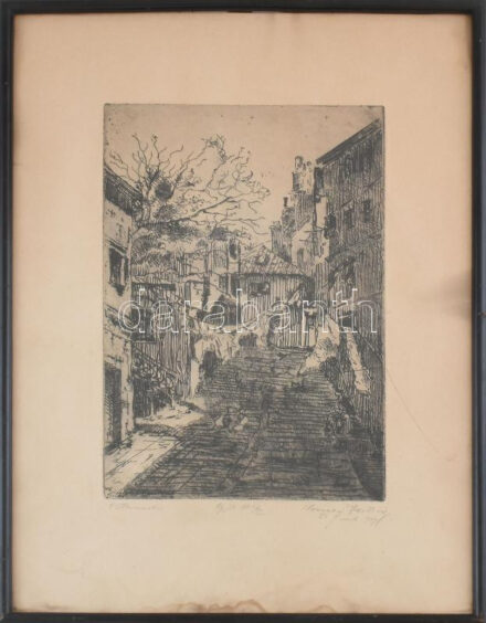 Olvashatatlan (Corneli...?) jelzéssel: Lépcsők házak között (Olaszország?), 1929. Rézkarc, papír. Számozott. 32x21,5 cm. Üvegezett fakeretben. Lap alja kissé foltos.