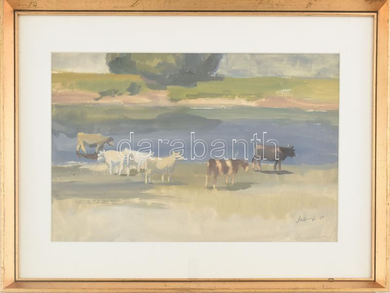 Szőnyi jelzéssel: Itatás. Tempera, papír. Üvegezett keretben 26x38 cm