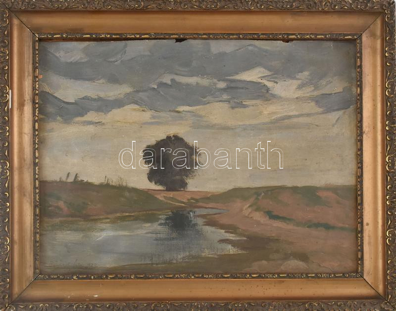 Várady Lajos (1890-1929): Táj, 1928. Tempera, papír, jelzett. Dekoratív, kissé sérült keretben, kisebb lapszéli sérülésekkel, 26x36 cm