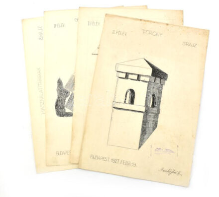 Rankó Jenő: Formatanulmányok, 6 db (építészeti, geometriai, használati tárgyak), Bp., 1926-1927. Ceruza, tus, papír. Jelzett, dátumozott, Dörre Tivadar névbélyegzőkkel. Kissé foltos lapok, lapméret: 44x30 cm