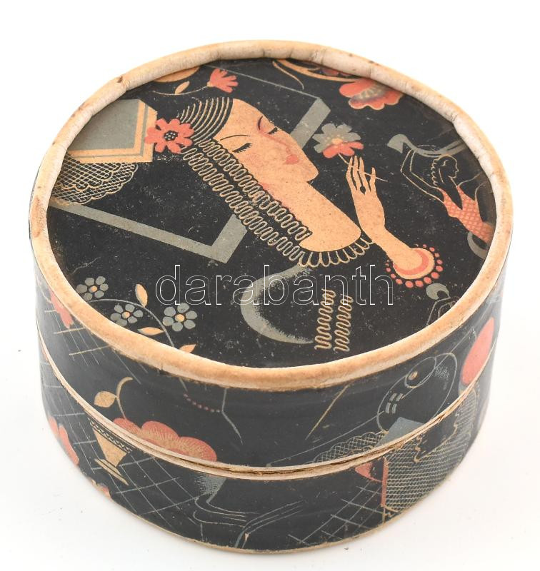 cca 1928 Magyar gyártású 'Poudre de Riz', púderes kartondoboz, art deco mintával, jó állapotban, d: 7,5 cm, m: 4 cm