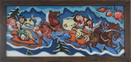 Zdzisław Walczak (1926 - 2001): ,,Weselisko jedzie' (Lakodalmi menet). Lengyel folklór festett üveg kép, fakeretben. Jelzett, 1970-80 körül. 29X62,5 cm