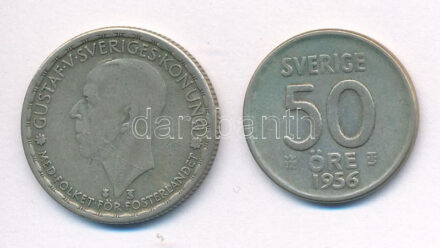 Svédország 1950. 1K Ag 'V. Gusztáv' + 1956. 50ö Ag 'VI. Gusztáv Adolf' T:2- patina Sweden 1950. 1 Krona Ag 'Gustaf V' + 1956. 50 Öre Ag 'Gustaf Adolf VI' C:VF patina Krause KM#814, 825