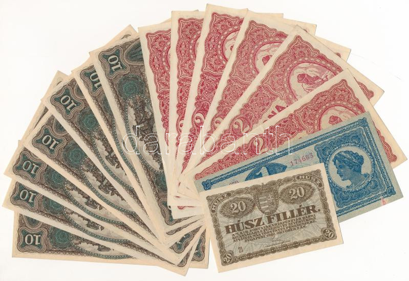 1920. 20f + 1K + 2K (6db, ebből 5db közeli sorszám) + 10K (9db, mind 'a 075' sorozatszámú, közte sorszámkövetők és közeli sorszámok) T:I-III