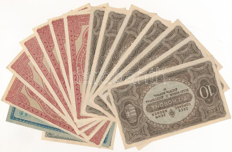 1920. 20f + 1K + 2K (6db, ebből 5db közeli sorszám) + 10K (9db, mind 'a 075' sorozatszámú, közte sorszámkövetők és közeli sorszámok) T:I-III - Image 2