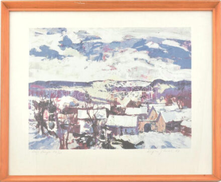 Eugen Günel (?-?): Hóborított táj. Litográfia, vászon. Jelzett. Üvegezett keretben. 34x50 cm