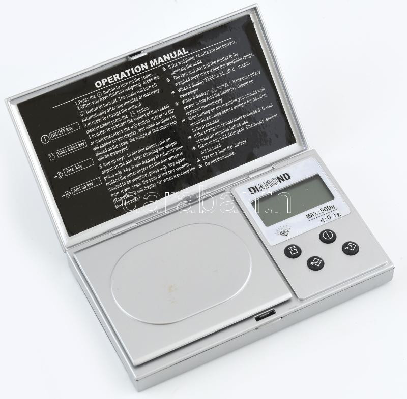 Digitális ékszermérleg, max. 500 g, jó állapotban, feltehetőleg elemcserére szorul, 13x7,5 cm
