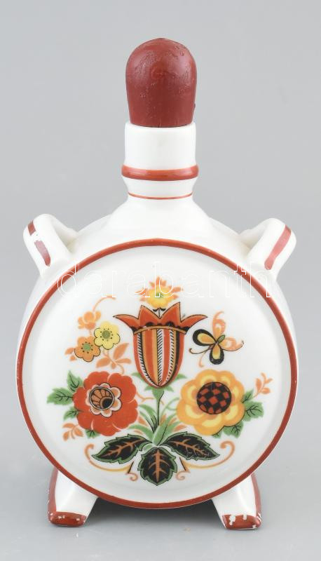 Zsolnay népi mintás porcelán butykos, kulacs. Matricás, jelzett, kopásnyomokkal, m: 13,5 cm