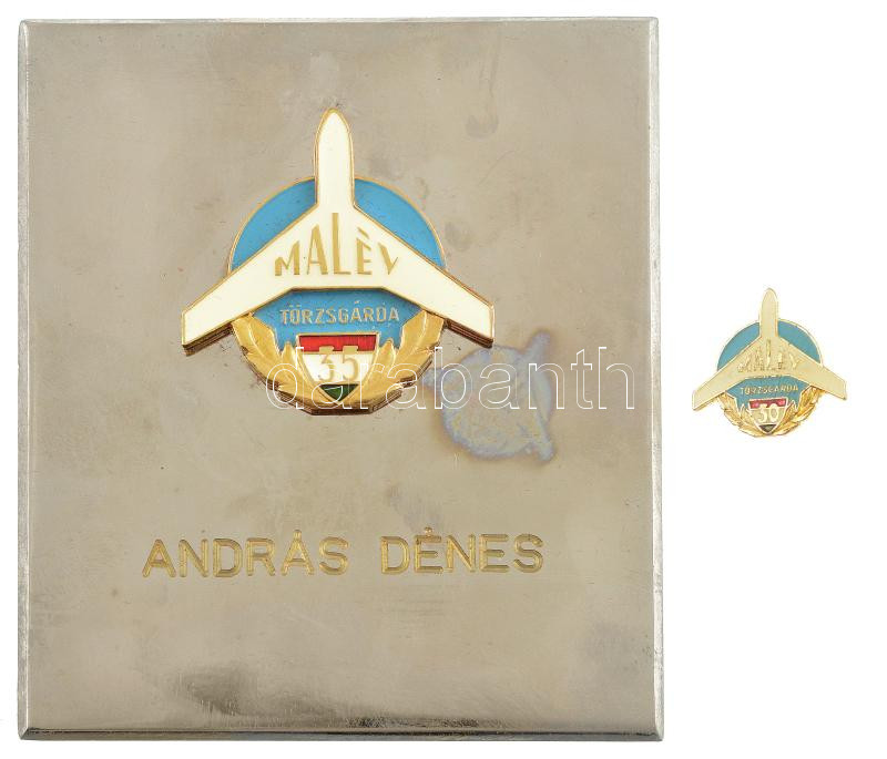 ~1975. 'MALÉV Törzsgárda 30 év' aranyozott, műgyantás jelvény (21,5x22mm) + 'MALÉV Törzsgárda 35 év' aranyozott, műgyantás jelvény névre szóló fém plaketten, eredeti tokban (104x90mm) T:1-