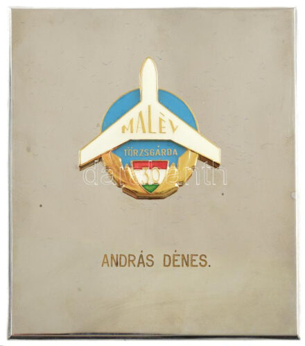 ~1975. 'MALÉV Törzsgárda 30 év' aranyozott, műgyantás jelvény névre szóló fém plaketten, eredeti tokban (104x90mm) T:1-