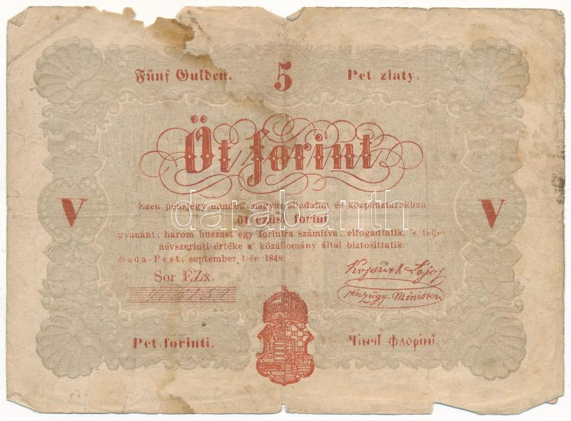 1848. 5Ft 'Kossuth bankó' vörösesbarna nyomat 'EZx 416138' T:IV Adamo G109