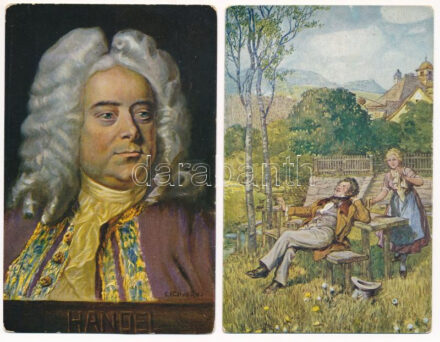 2 db RÉGI B.K.W.I. Wiener Kunst képeslap zeneszerzőkről: Handel, Schubert