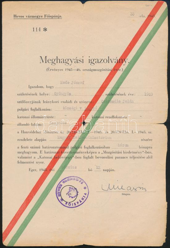 1945 Eger, meghagyási igazolás