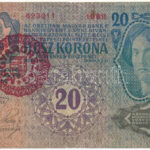1913. 20K II. kiadás, piros 'MAGYARORSZÁG' felülbélyegzéssel, '1088 623011' T:III Adamo K18M