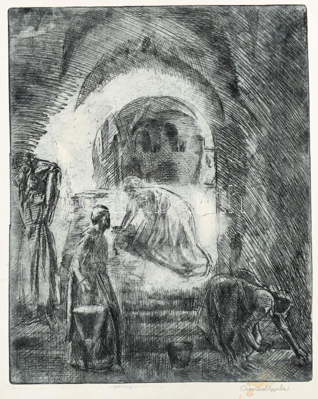 Conrad Gyula (1877-1959): Alakok. Rézkarc, papír, jelzett, kissé sérült és kissé foltos, 30×24 cm