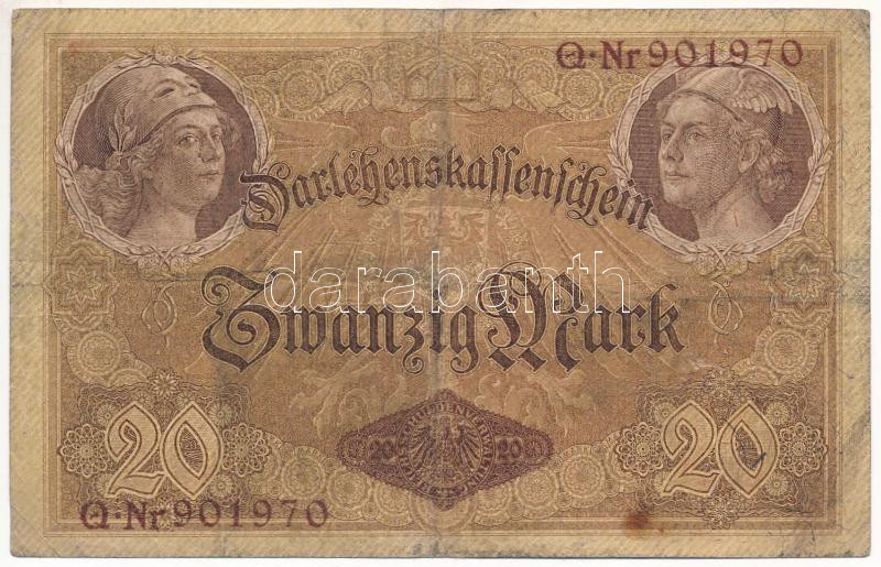 Német Birodalom 1914. 20M hatjegyű sorszámmal '901970' T:III- German Empire 1914. 20 Mark with six digit serial '901970' C:VF Krause #47