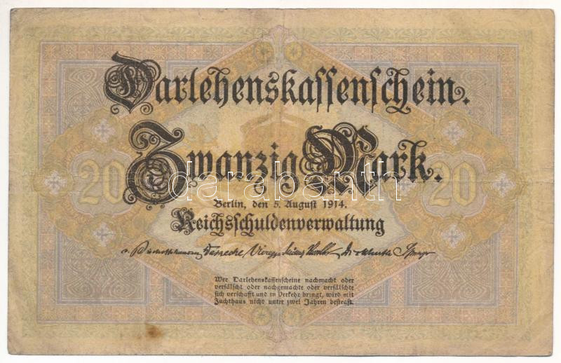 Német Birodalom 1914. 20M hatjegyű sorszámmal '901970' T:III- German Empire 1914. 20 Mark with six digit serial '901970' C:VF Krause #47 - Image 2