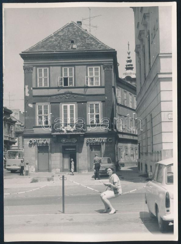 1974 Győr, utcaképek autókkal, busszal, 2 db fotó, az egyik hullámos, 18x13 cm