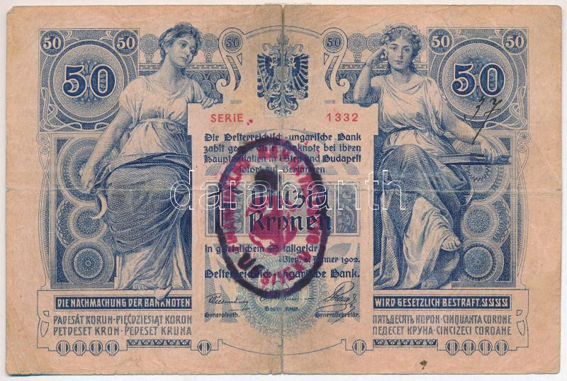 1902. 50K '1332 05292','Torontál Vármegye(?)' felülbélyegzéssel T:IV szakadás, ragasztva