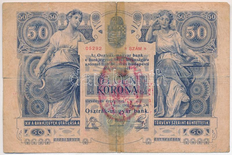 1902. 50K '1332 05292','Torontál Vármegye(?)' felülbélyegzéssel T:IV szakadás, ragasztva - Image 2