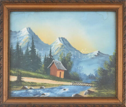 Jelzés nélkül: Hegyvidéki táj. Tempera, papír, üvegezett keretben, ázásnyommal, 23×31 cm