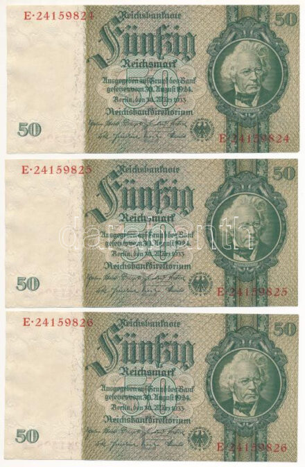 Német Harmadik Birodalom 1933. 50M (3x) sorszámkövetők T:I,I- German Third Reich 1933. 50 Mark (3x) sequential serials C:UNC,AU Krause 182.a