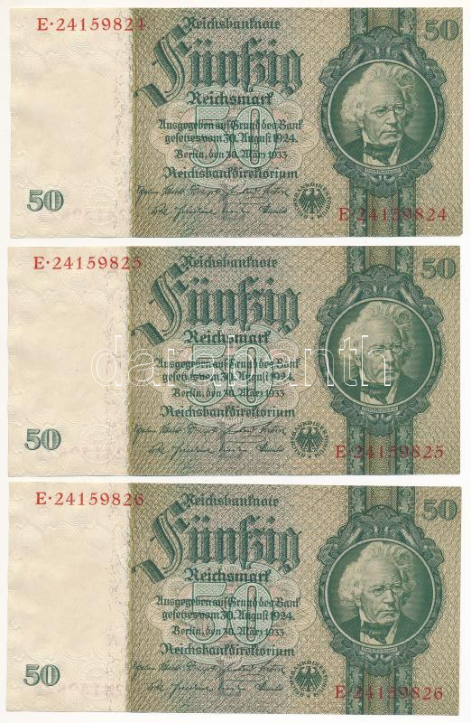 Német Harmadik Birodalom 1933. 50M (3x) sorszámkövetők T:I,I- German Third Reich 1933. 50 Mark (3x) sequential serials C:UNC,AU Krause 182.a