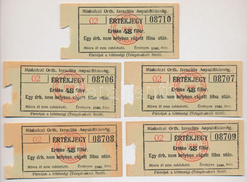 1940. 'Miskolczi Orthodox Izraelita Anyahitközség' libára beváltható értékjegy 48f értékben (5x) sorszámkövetők '08706-08710' T:I