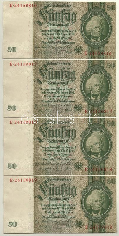 Német Harmadik Birodalom 1933. 50M (7x) sorszámkövetők T:I,I- German Third Reich 1933. 50 Mark (7x) sequential serials C:UNC,AU Krause 182.a