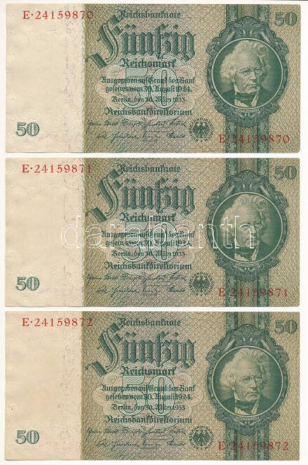 Német Harmadik Birodalom 1933. 50M (3x) sorszámkövetők T:I,I- German Third Reich 1933. 50 Mark (3x) sequential serials C:UNC,AU Krause 182.a