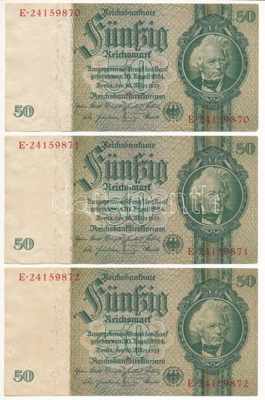Német Harmadik Birodalom 1933. 50M (3x) sorszámkövetők T:I,I- German Third Reich 1933. 50 Mark (3x) sequential serials C:UNC,AU Krause 182.a