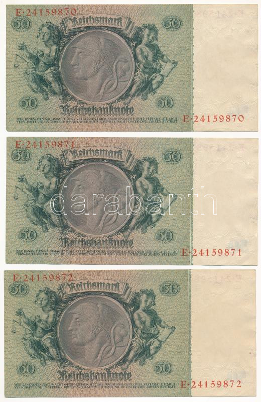 Német Harmadik Birodalom 1933. 50M (3x) sorszámkövetők T:I,I- German Third Reich 1933. 50 Mark (3x) sequential serials C:UNC,AU Krause 182.a - Image 2
