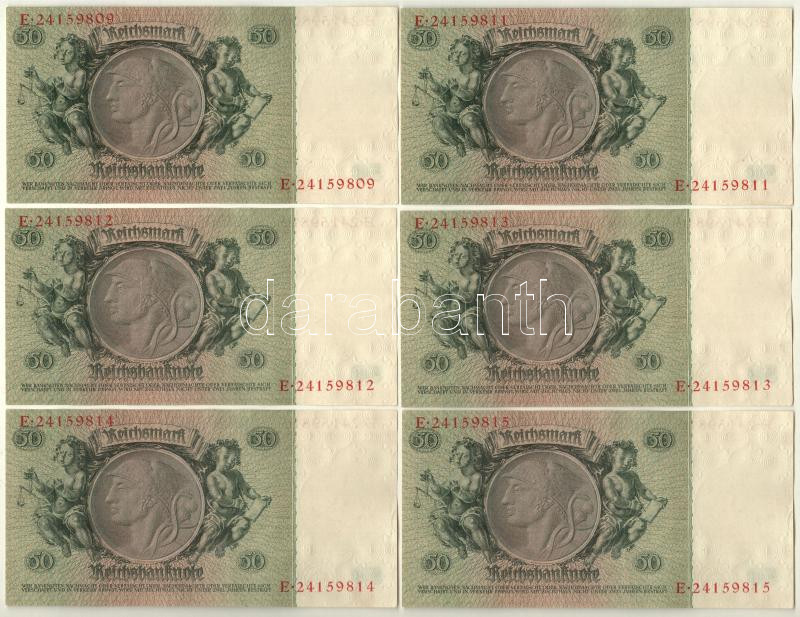 Német Harmadik Birodalom 1933. 50M (5x) sorszámkövetők és egyugrású sorszámmal T:I,I- German Third Reich 1933. 50 Mark (5x) sequential and close serials C:UNC,AU Krause 182.a - Image 2